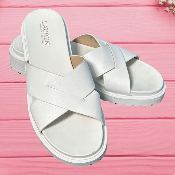 LAUREN Ralph Lauren Kelsie Slide Sandals Women Size 9 White Slip on - Picture 1 of 9